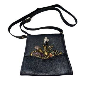 Carvalhu Vintage Womens Crossbody Bag Black Brutalist Leather Boho Embellished